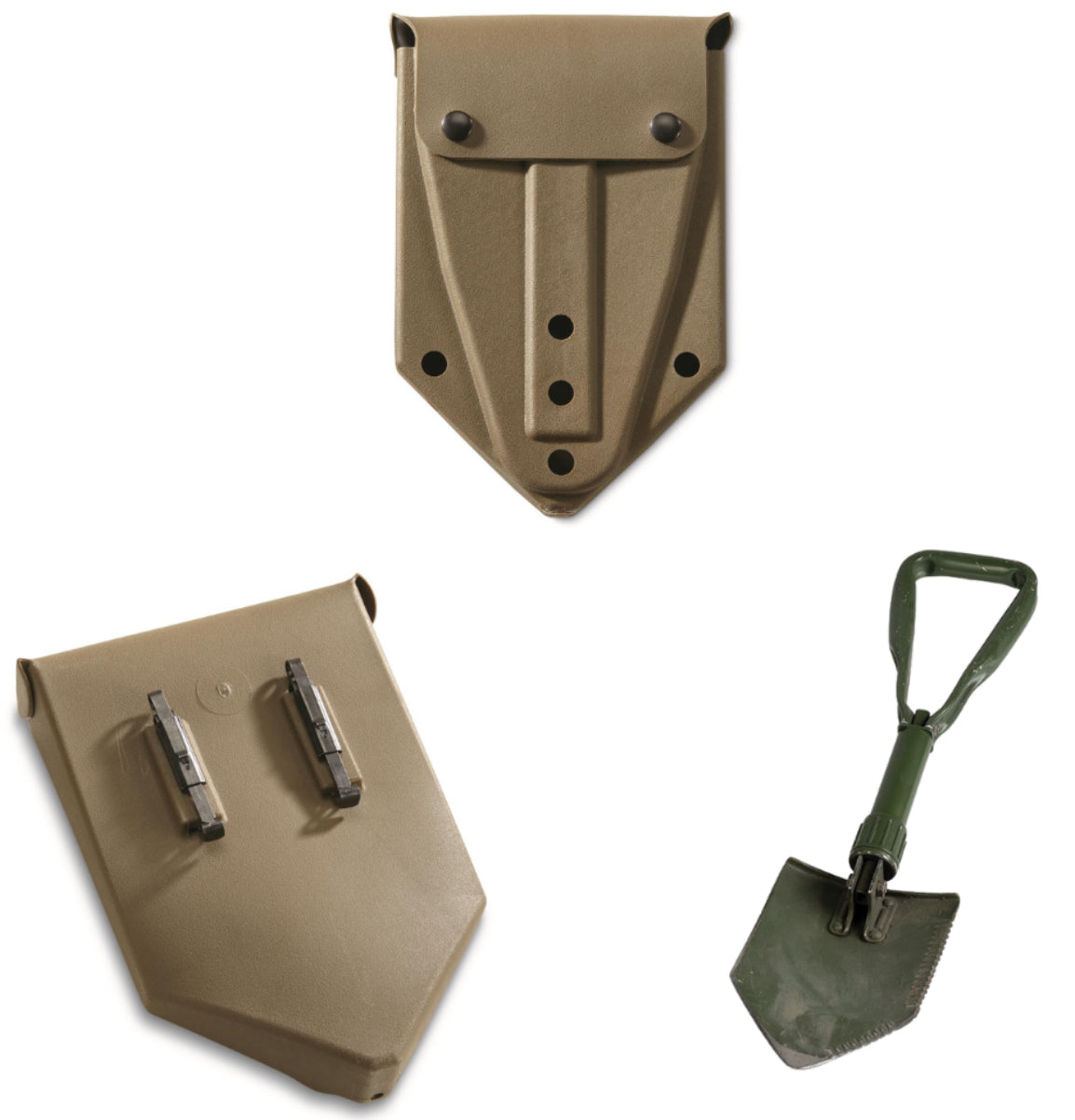 GERMAN OD TRI-FOLD SHOVEL W/OD RUBBERIZED COVER USED