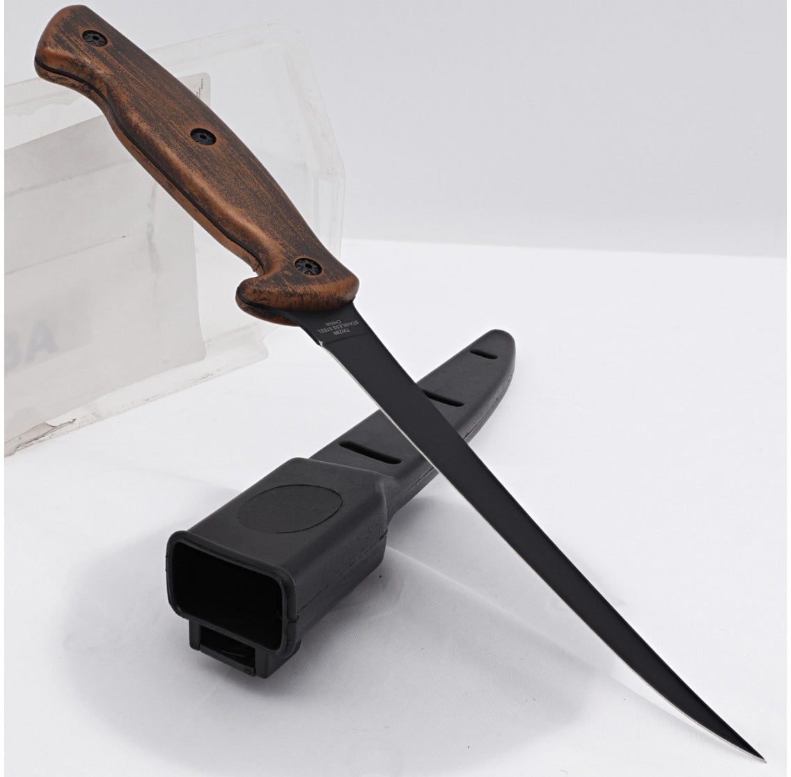 Tactical Slim Fillet Knife –Black Blade, Hardwood Handle & Belt Clip Sheath