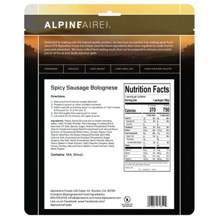 Alpine Aire Spicy Sausage Bolognese Freeze Dried Meal